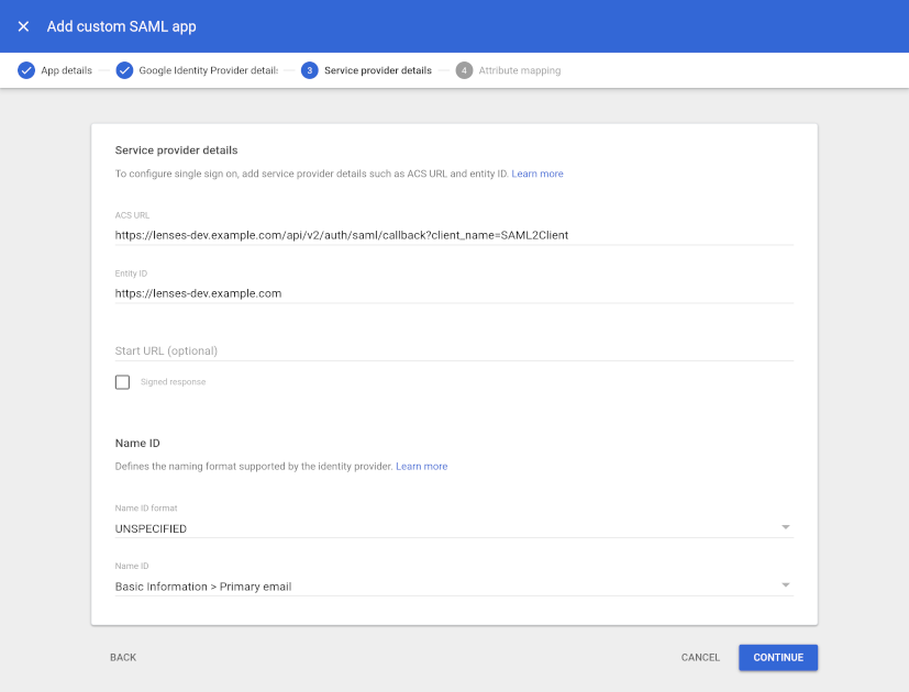 Google SAML service provider details