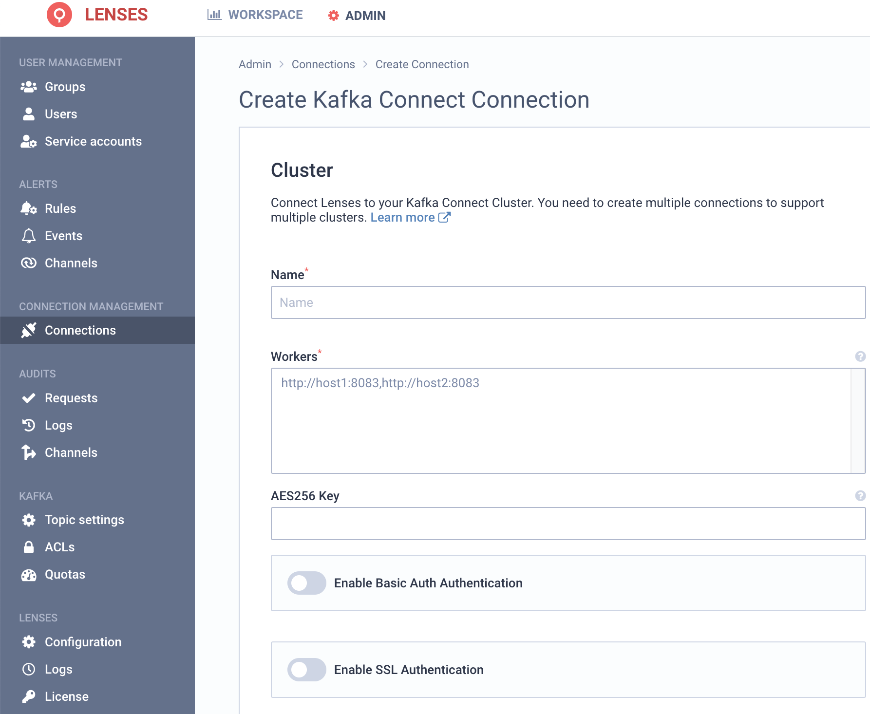 Kafka connect create Connection details