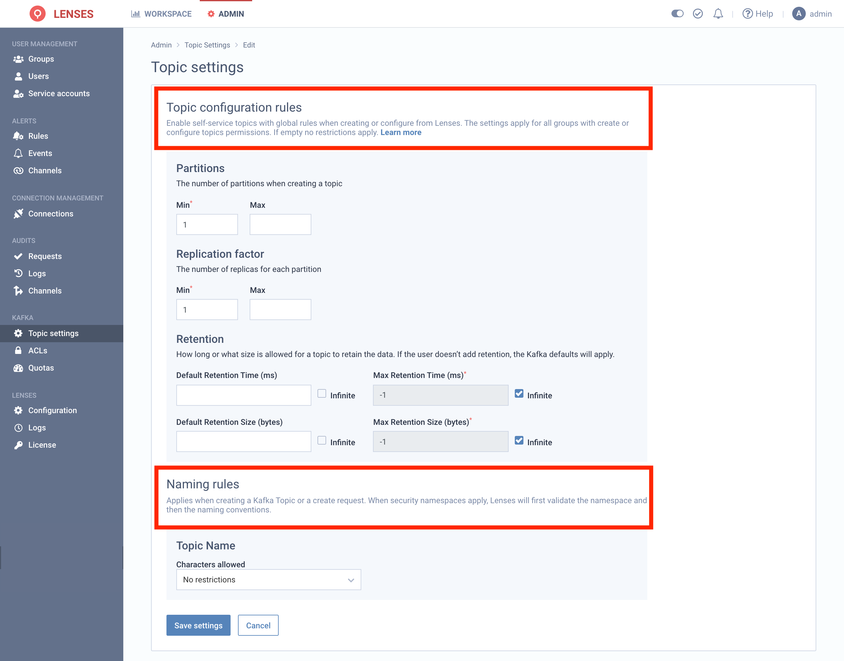 Lenses Kafka topic settings