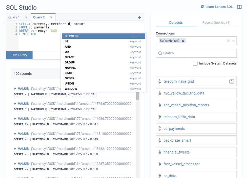 SQL Studio to Lenses.io